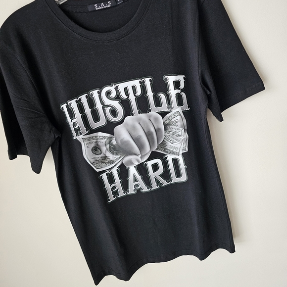 Black Slim Stretch T-Shirt - Hustle Hard Graphic - Picture 3 of 6